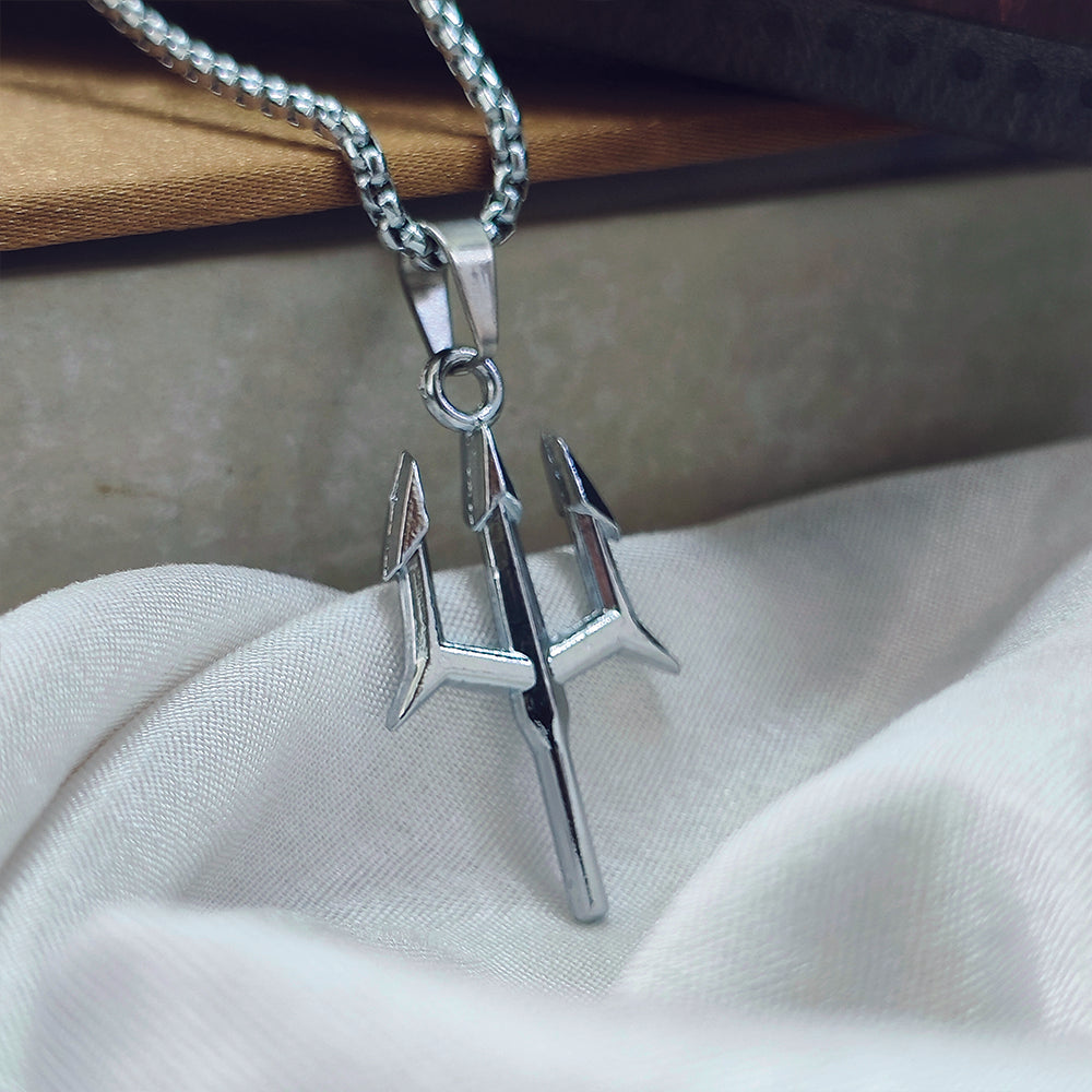 JewelMaze Silver Plated Trishul Chain Pendant for Men