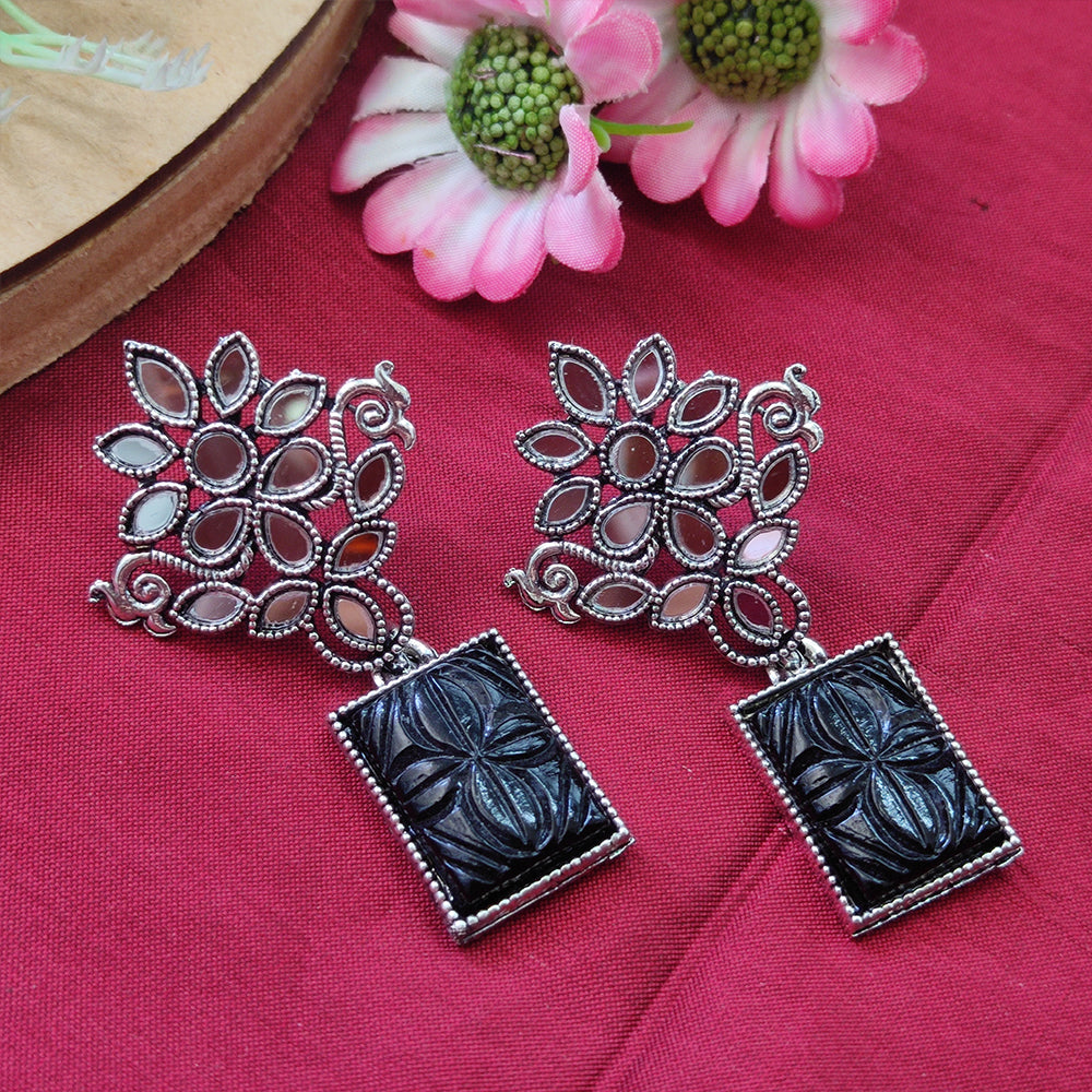 Bhavi Jewels Mirror Oxidised Black Craved Stone Dangler Earring - 10161144BL
