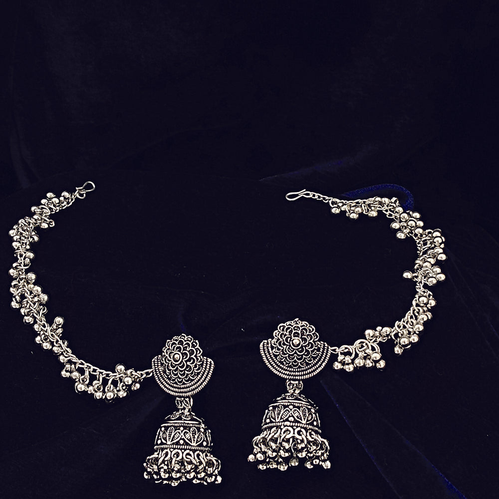 JewelMaze Oxidised Jhumkas with Kan Chain -140497