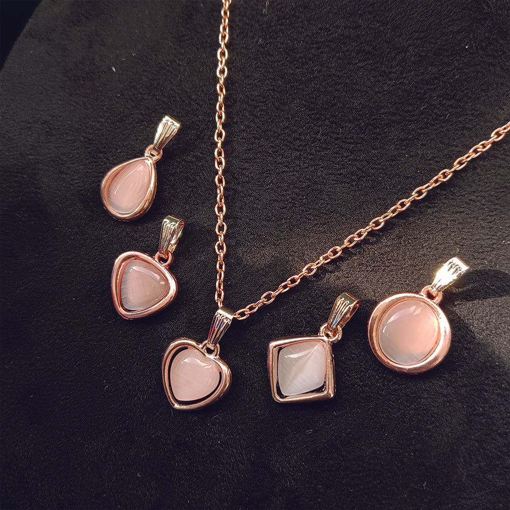 JewelMaze Rose Gold Set of 5 Cat Eye Pendant With Chain Combo