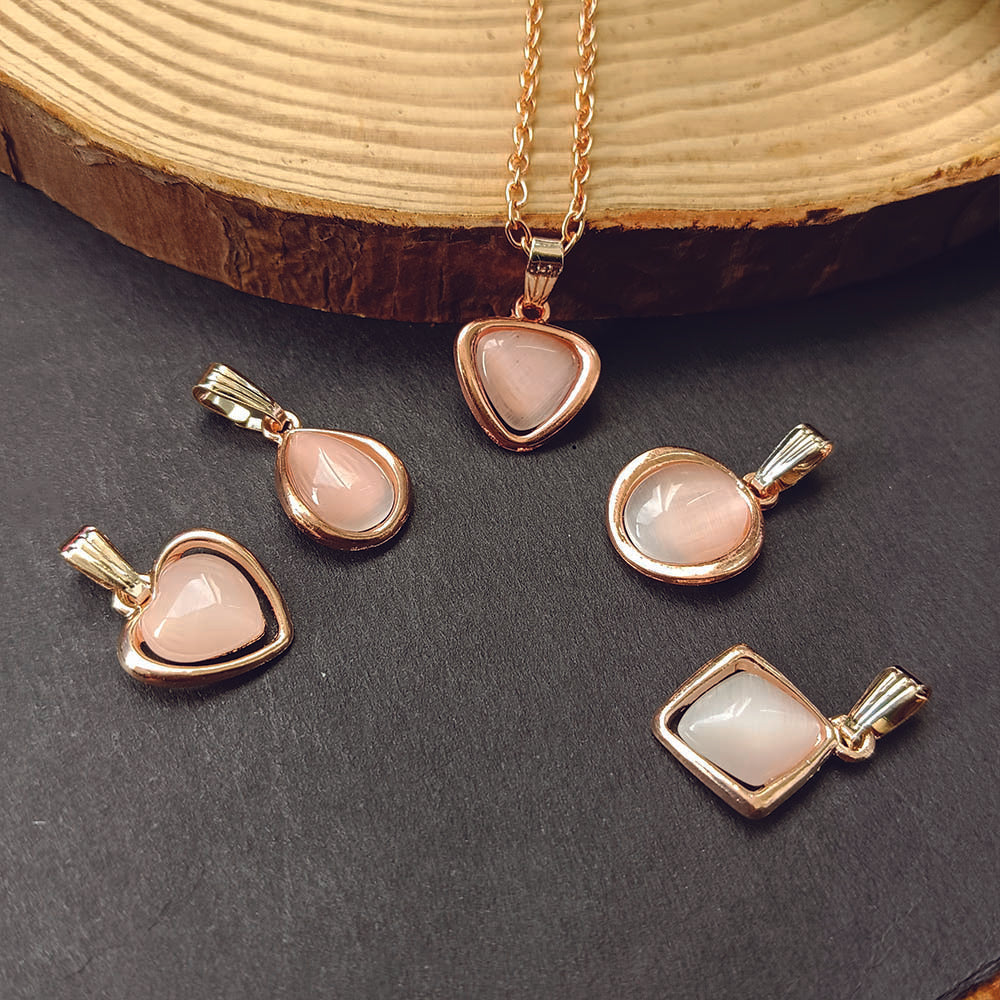 JewelMaze Rose Gold Set of 5 Cat Eye Pendant With Chain Combo