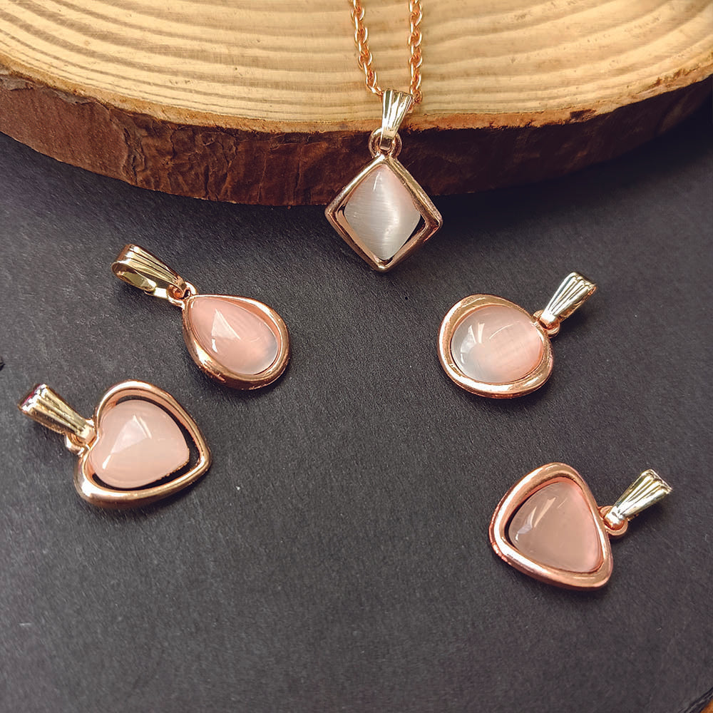 JewelMaze Rose Gold Set of 5 Cat Eye Pendant With Chain Combo