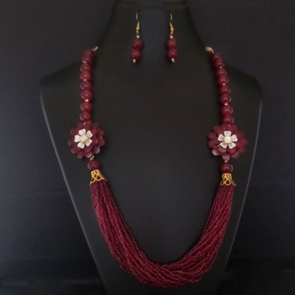 JewelMaze Beaded Multi-Strand Necklace with Flower Embellishments