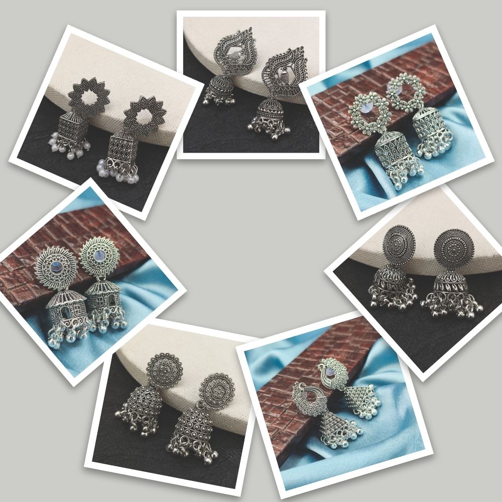JewelMaze Set of 7 Oxidised Earrings with Latkan Combo for Women