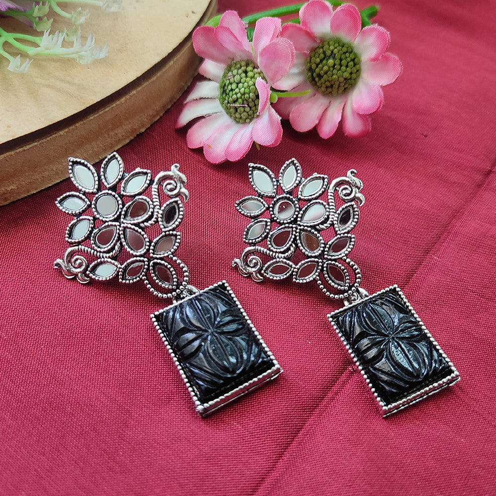 Bhavi Jewels Mirror Oxidised Black Craved Stone Dangler Earring - 10161144BL