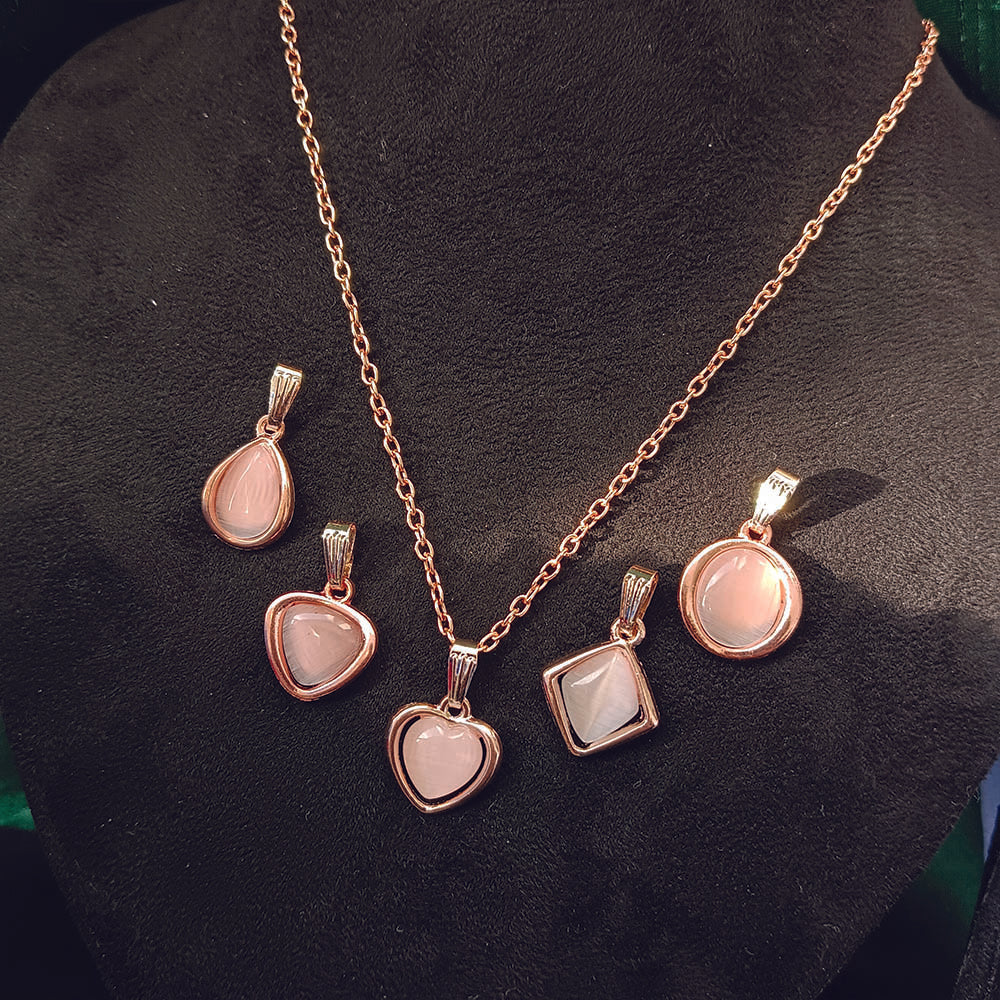 JewelMaze Rose Gold Set of 5 Cat Eye Pendant With Chain Combo