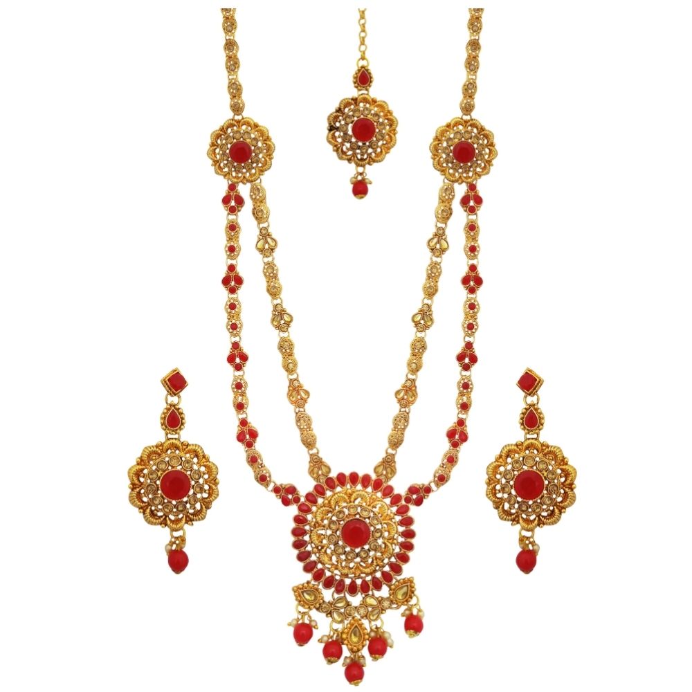 JewelMaze Gold Plated Double Chain Stone Necklace Set