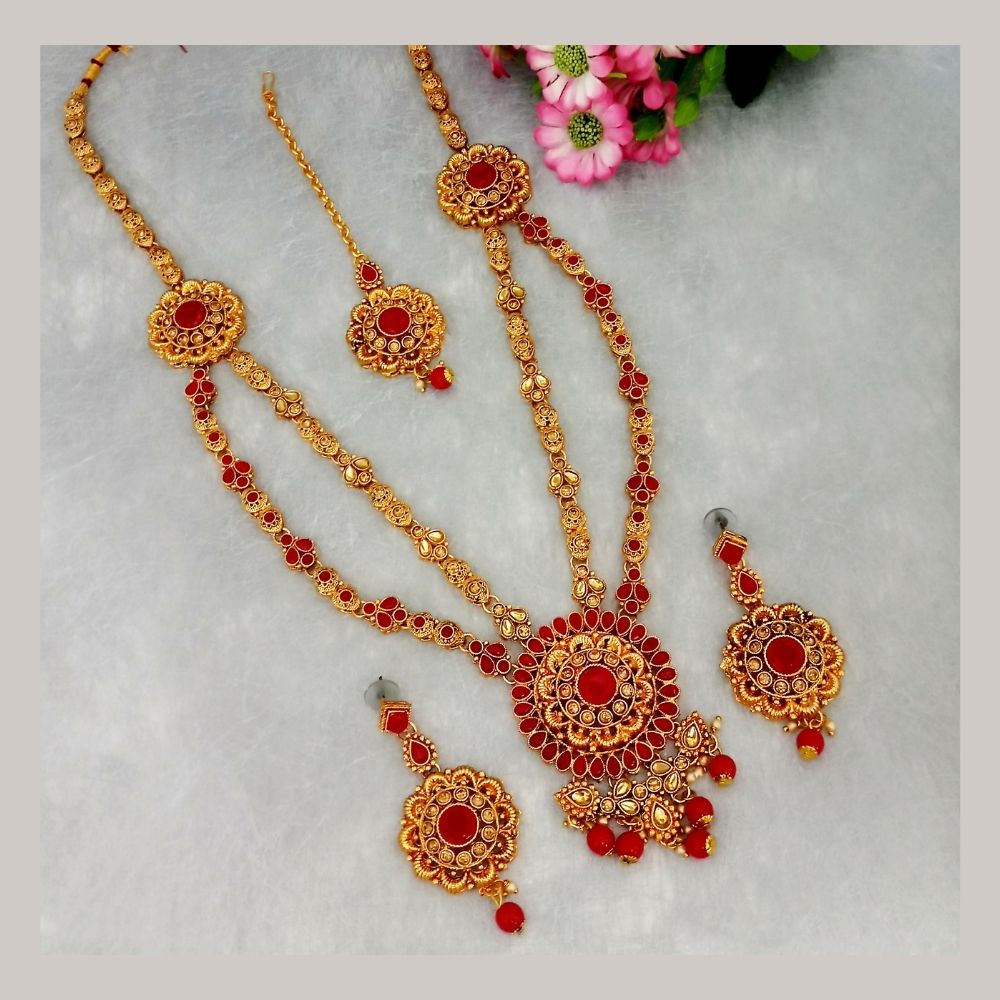 JewelMaze Gold Plated Double Chain Stone Necklace Set