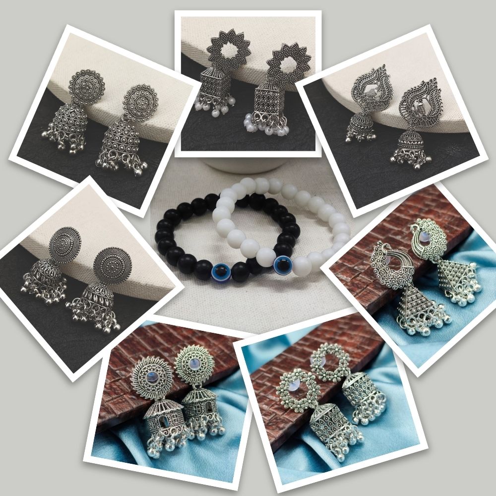 JewelMaze Set of 7 Oxidised Earrings Combo With 2 Bracelet - 1005300