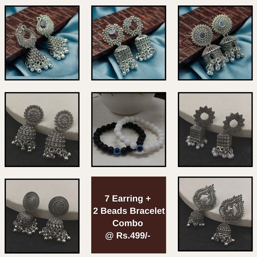 JewelMaze Set of 7 Oxidised Earrings Combo With 2 Bracelet