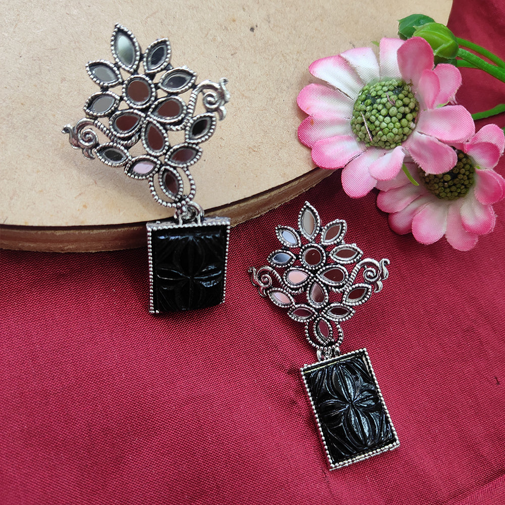 Bhavi Jewels Mirror Oxidised Black Craved Stone Dangler Earring - 10161144BL