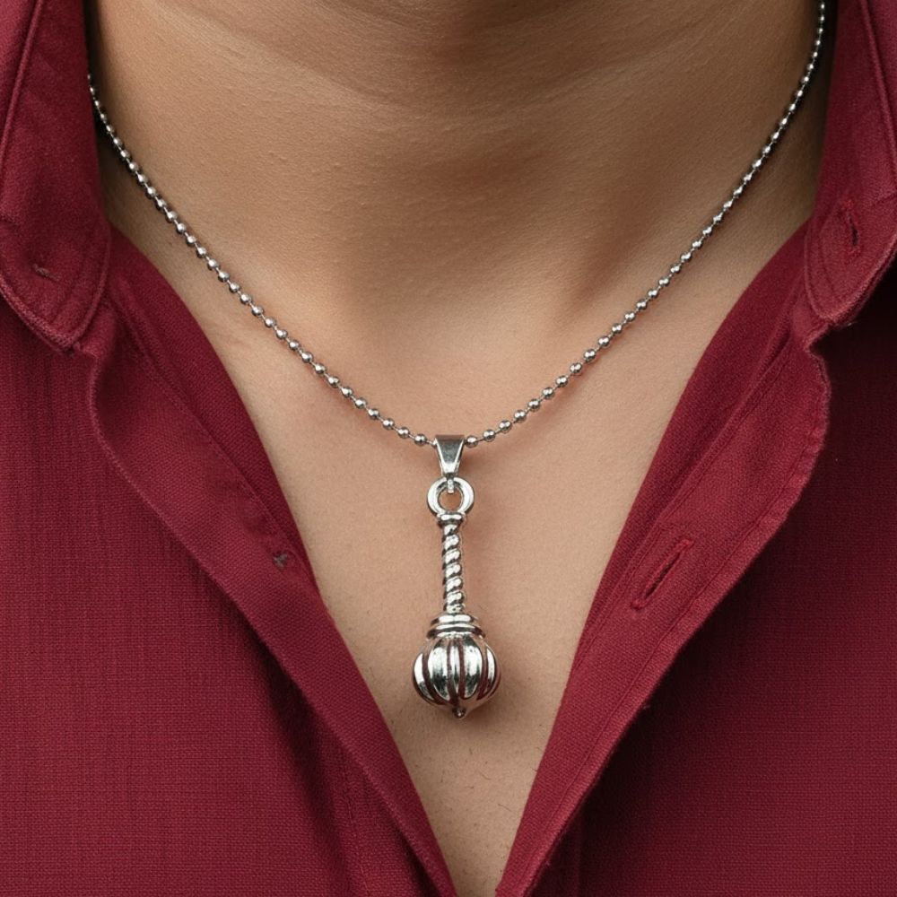 JewelMaze Hanuman Gada Silver Pendant with ball chain For Unisex