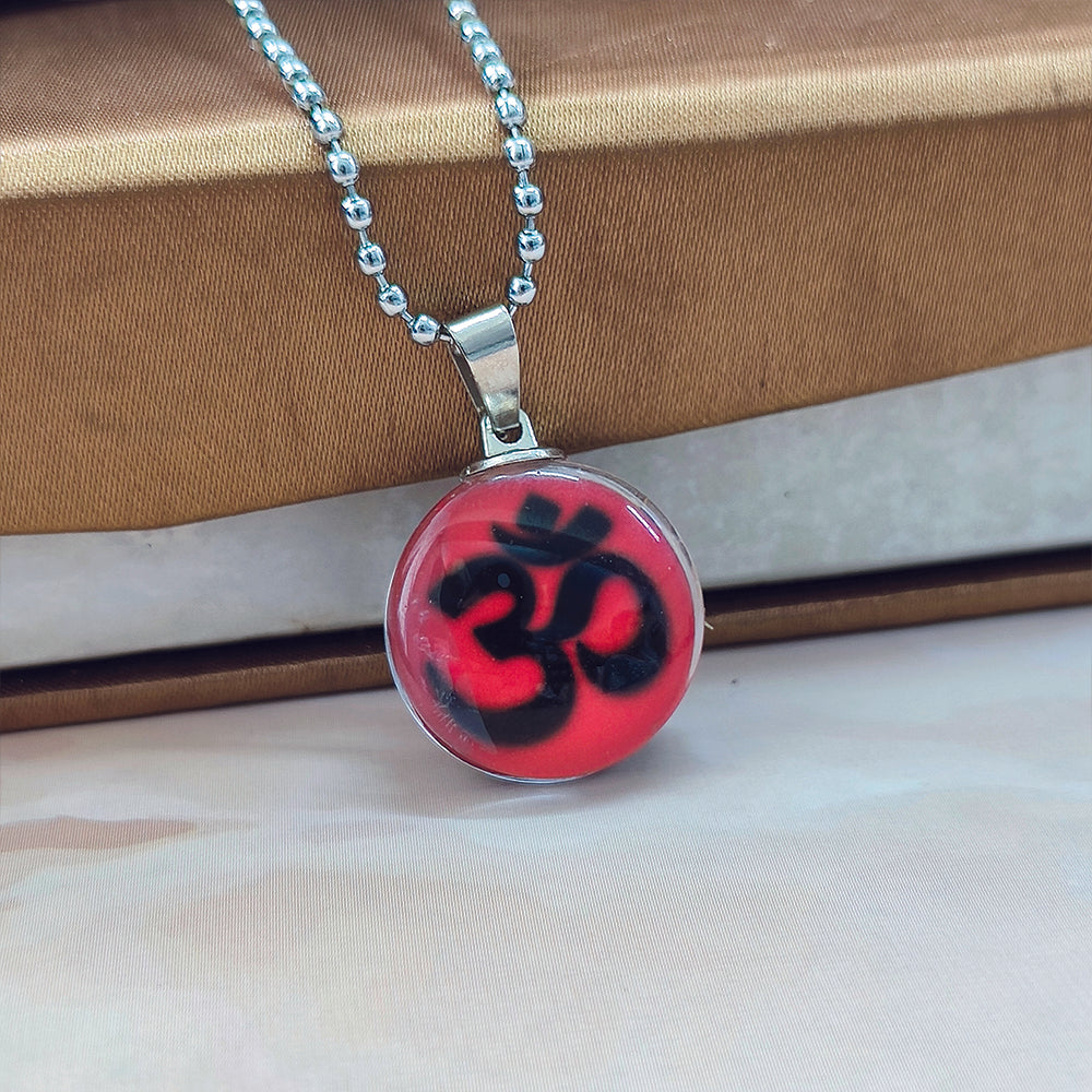 JewelMaze Glass Framed Orange Enamel Om Locket Chain Pendant