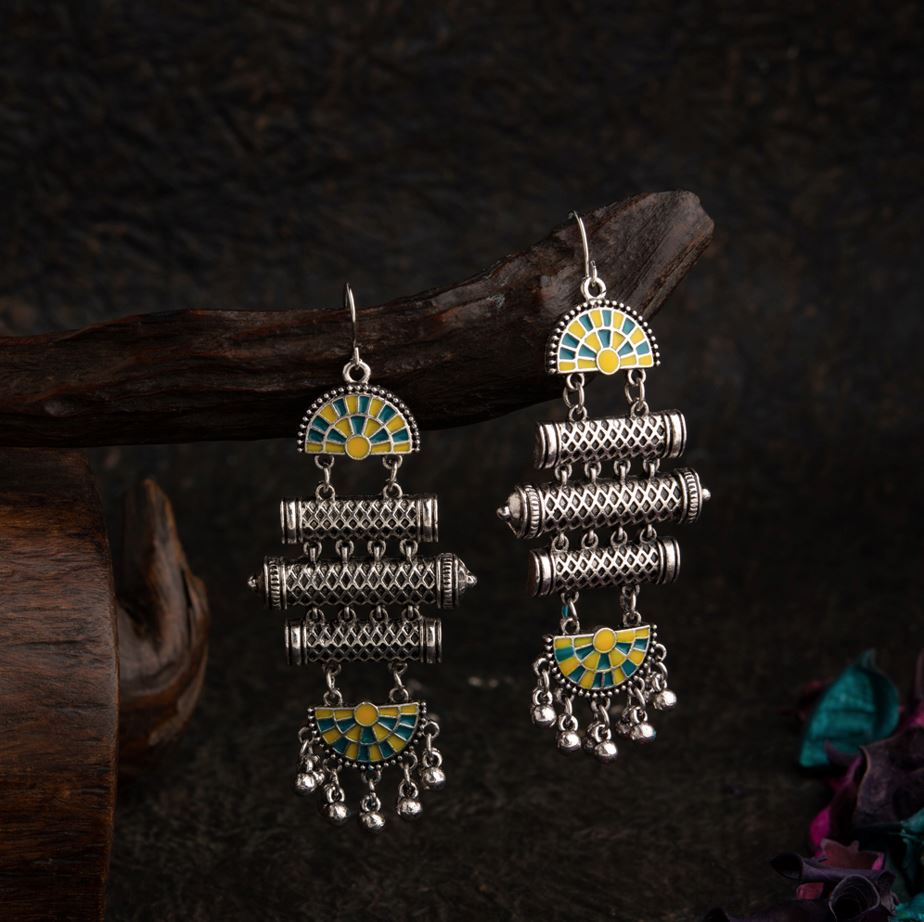 JewelMaze Silver Plated Geometric Shaped Dual Colored Enamel Artwork With Beads Fashion Antique Earring - AER 1566-Yellow-green