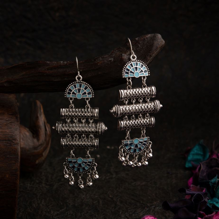 JewelMaze Silver Plated Geometric Shaped Dual Colored Enamel Artwork With Beads Fashion Antique Earring - AER 1566-Yellow-green