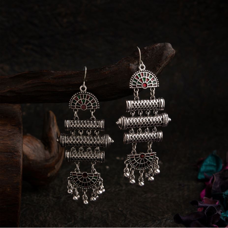 JewelMaze Silver Plated Geometric Shaped Dual Colored Enamel Artwork With Beads Fashion Antique Earring - AER 1566-Yellow-green