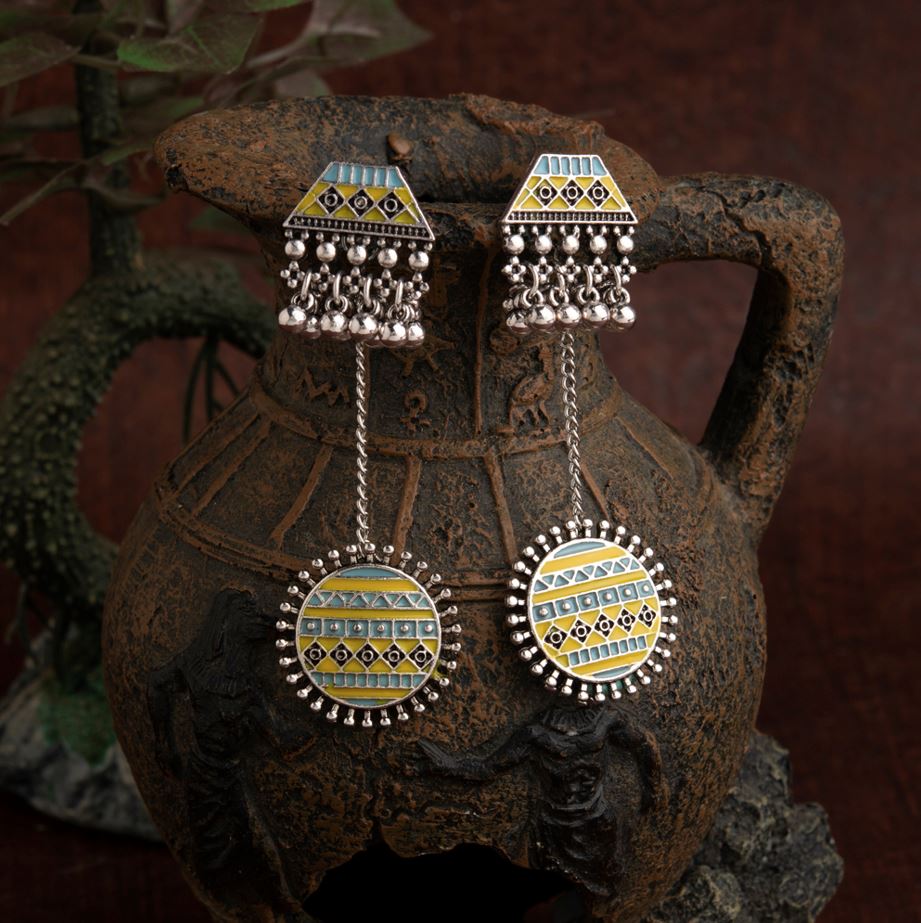 JewelMaze Silver Plated Geometric Shaped Enamel Artwork With Beads Designed Antique Earring - AER 1610-Yellow-turquoise