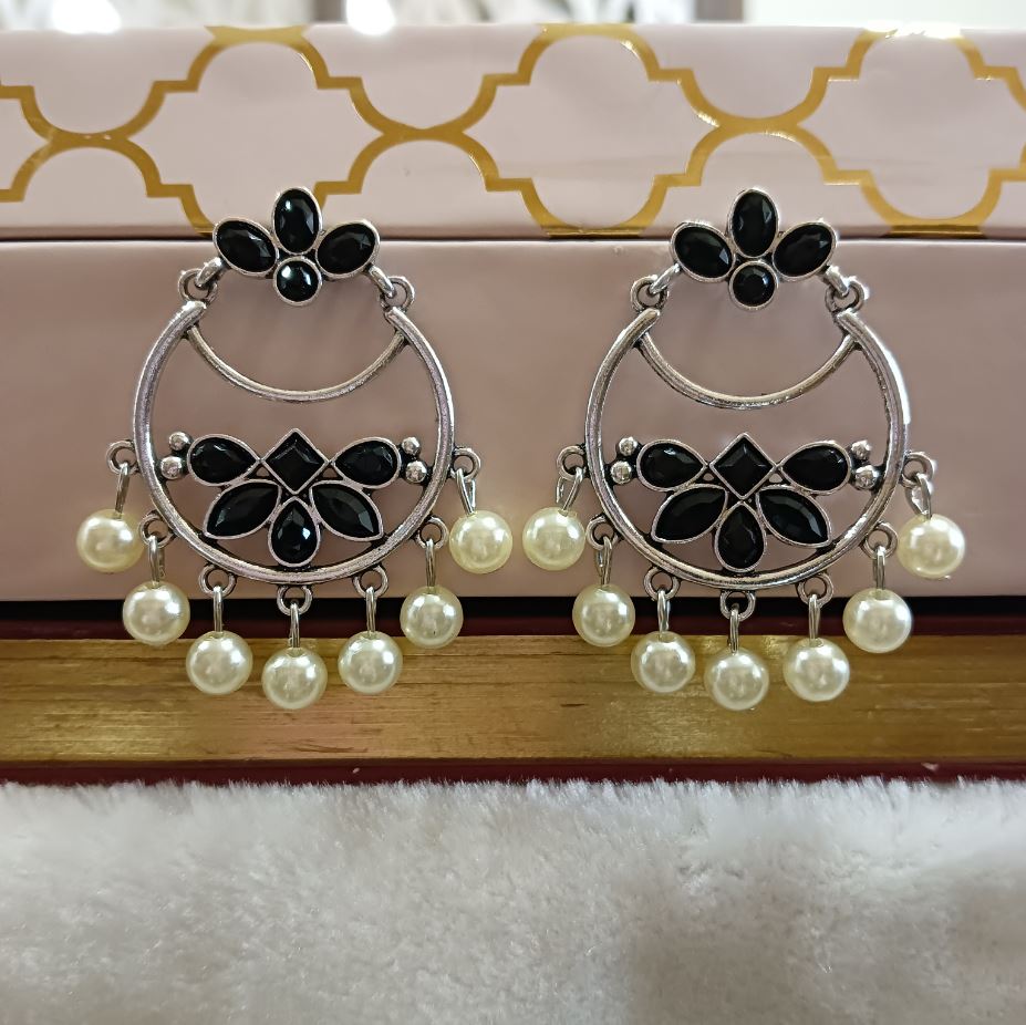 JewelMaze Silver Plated Geometric Shaped With Stone Studded Dangling Pearl Fashion Antique Earring - AER 1622 -PINK