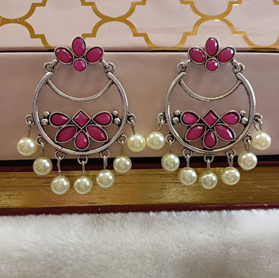 JewelMaze Silver Plated Geometric Shaped With Stone Studded Dangling Pearl Fashion Antique Earring - AER 1622 -PINK