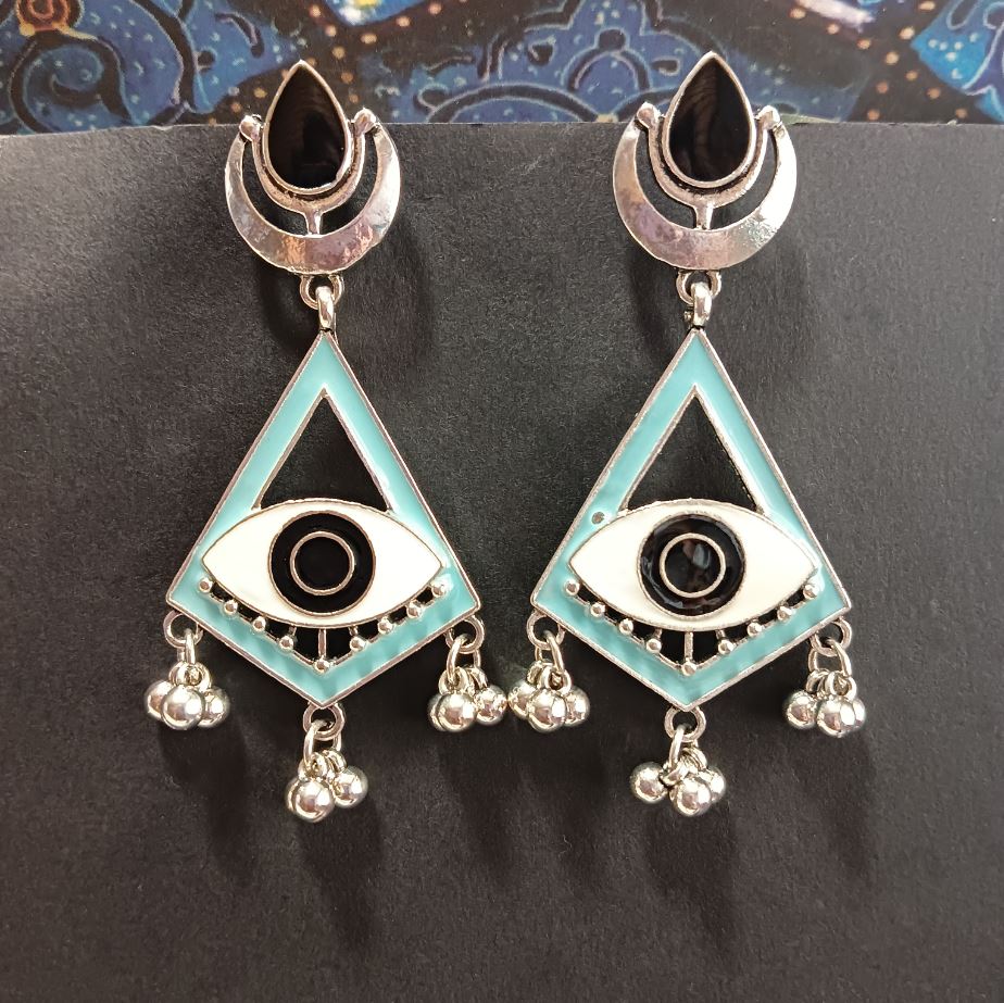 JewelMaze Silver Plated Geometric Shaped With Eye Enamel Artwork Fashion Antique Fashion Earring - AER 1641-PEACH