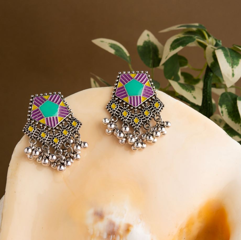 JewelMaze Silver Plated Pentagon Shaped Tri Colored Enamel Artwork With Beads Fashion Antique Earring - AER 1646-Yellow
