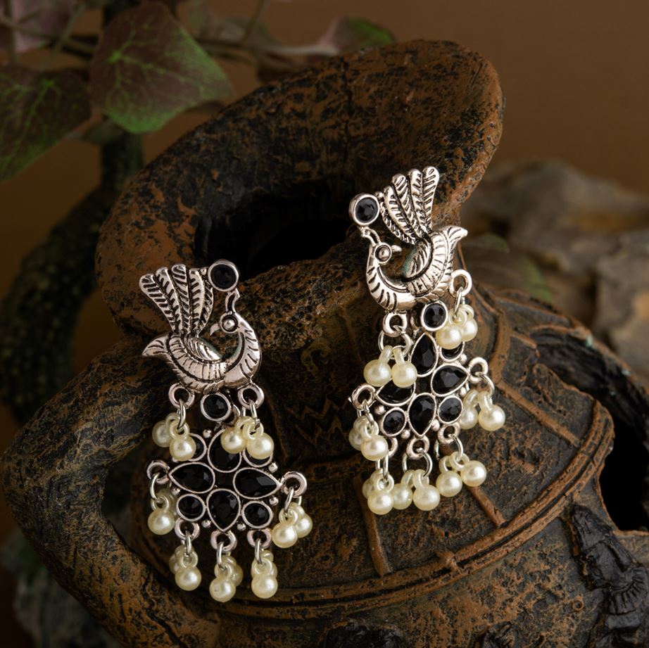 JewelMaze Silver Plated Peacock Design Stone Studded With Hanging Pearl Fashion Antique Earring - AER 1650-PINK