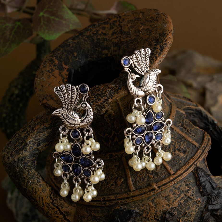 JewelMaze Silver Plated Peacock Design Stone Studded With Hanging Pearl Fashion Antique Earring - AER 1650-PINK