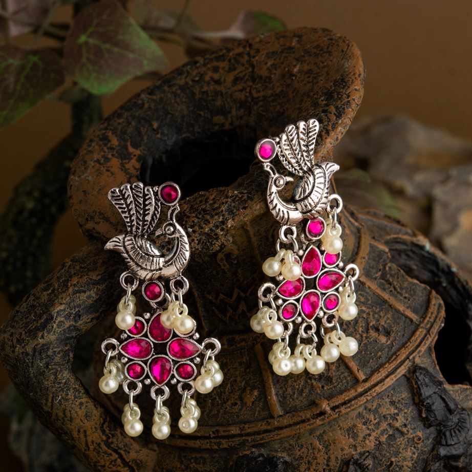JewelMaze Silver Plated Peacock Design Stone Studded With Hanging Pearl Fashion Antique Earring - AER 1650-PINK