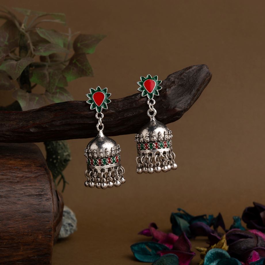 JewelMaze Silver Plated Floral Designed Enamel Artwork Antique Jhumki Earring - AER 1652-Black-green