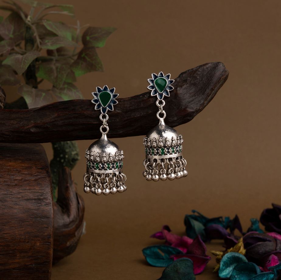 JewelMaze Silver Plated Floral Designed Enamel Artwork Antique Jhumki Earring - AER 1652-Black-green