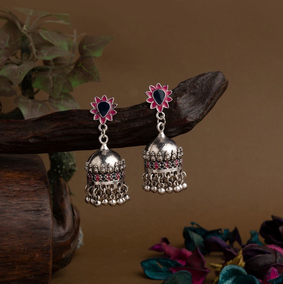 JewelMaze Silver Plated Floral Designed Enamel Artwork Antique Jhumki Earring - AER 1652-Black-green