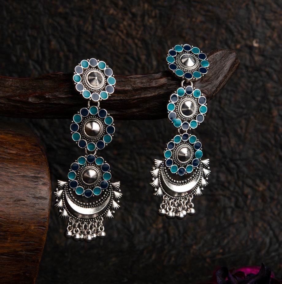 JewelMaze Antique Silver Plated Dual Colored Floral Enamel Design With Chandbali Shaped Hanging Beads Fashion Earring - AER 1695-TURQUOISE PEACH