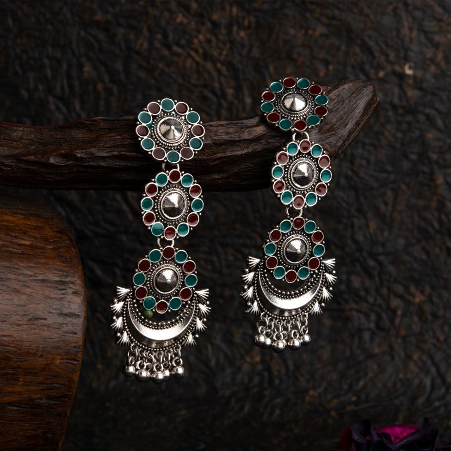 JewelMaze Antique Silver Plated Dual Colored Floral Enamel Design With Chandbali Shaped Hanging Beads Fashion Earring - AER 1695-TURQUOISE PEACH