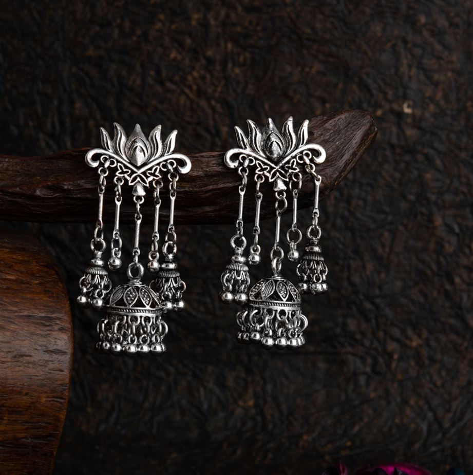 JewelMaze Silver / Gold Plated Lotus Designed Antique Fashion Jhumki Earring - AER 1721-SILVER