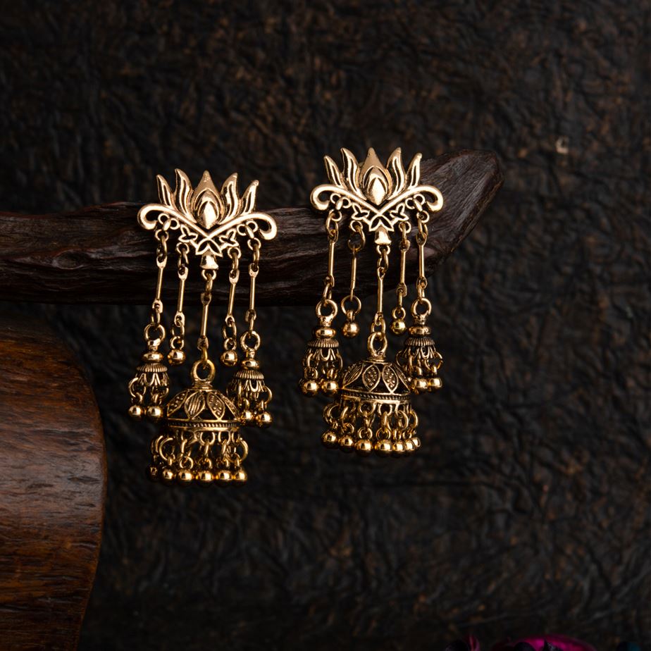 JewelMaze Silver / Gold Plated Lotus Designed Antique Fashion Jhumki Earring - AER 1721-SILVER