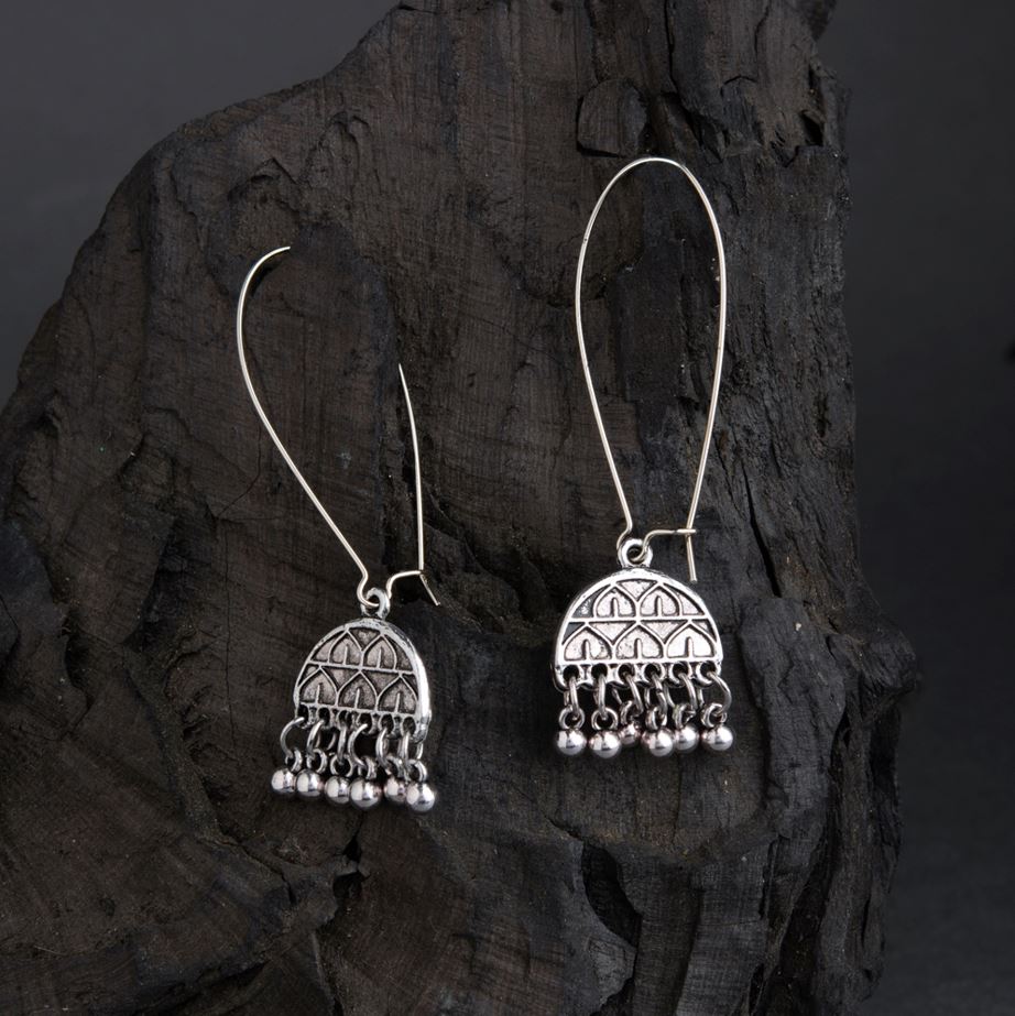 JewelMaze Silver / Gold Plated Long Hook Closure Hanging Geometric Design Artwork With Beads Fashion Antique Earring - AER 1737-SILVER