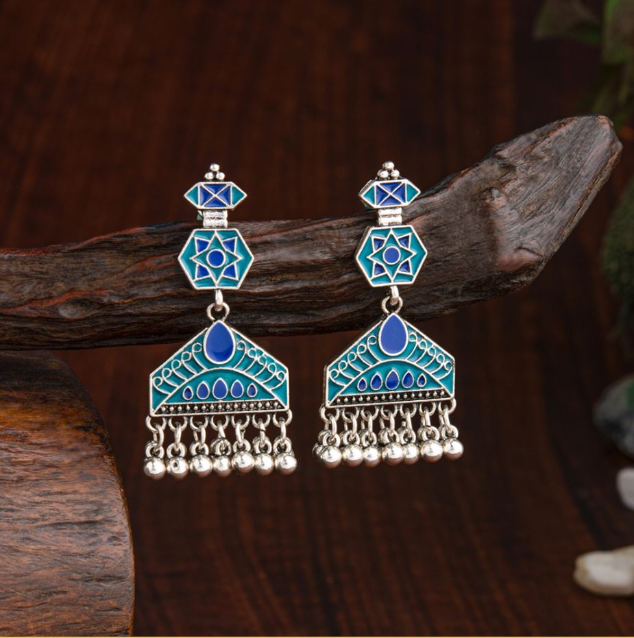 JewelMaze Silver Plated Geometric Shaped Enamel Artwork With Dangling Chain Fashion Antique Earring - AER 2187-sea green