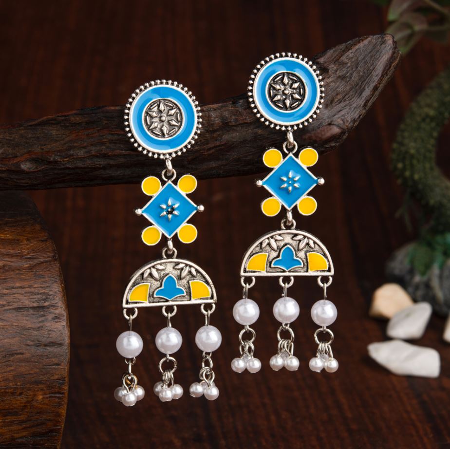 JewelMaze Silver Plated Geometric Shaped Enamel Artwork With Pearl Fashion Antique Earring - AER 2205-Navy Blue
