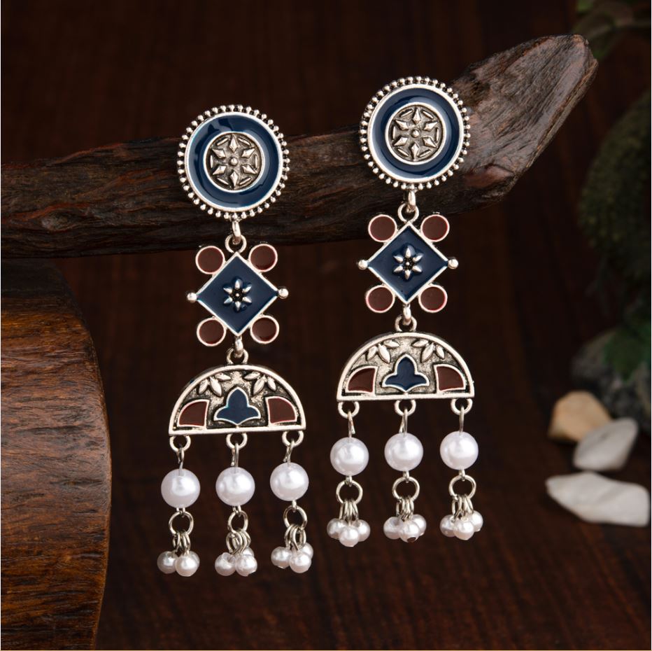 JewelMaze Silver Plated Geometric Shaped Enamel Artwork With Pearl Fashion Antique Earring - AER 2205-Navy Blue