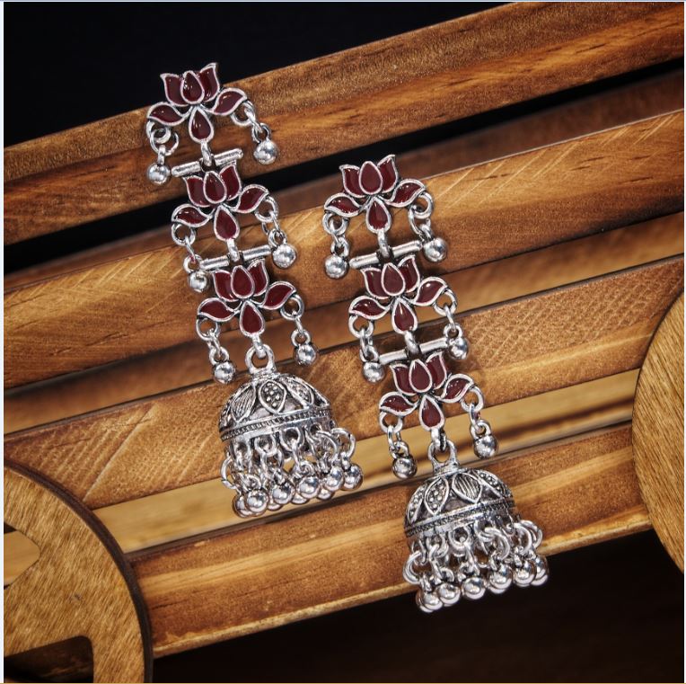 JewelMaze Antique Silver Plated Triple Layered Red Floral Enamel Work Jhumki Earring - AER 309