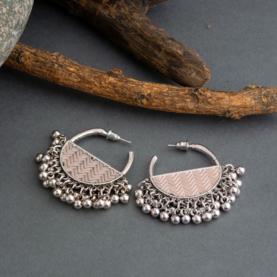 JewelMaze Silver Plated Semi Circle Shaped Enamel Artwork Design With Beads Fashion Antique Earring - AER 1631-YELLOW