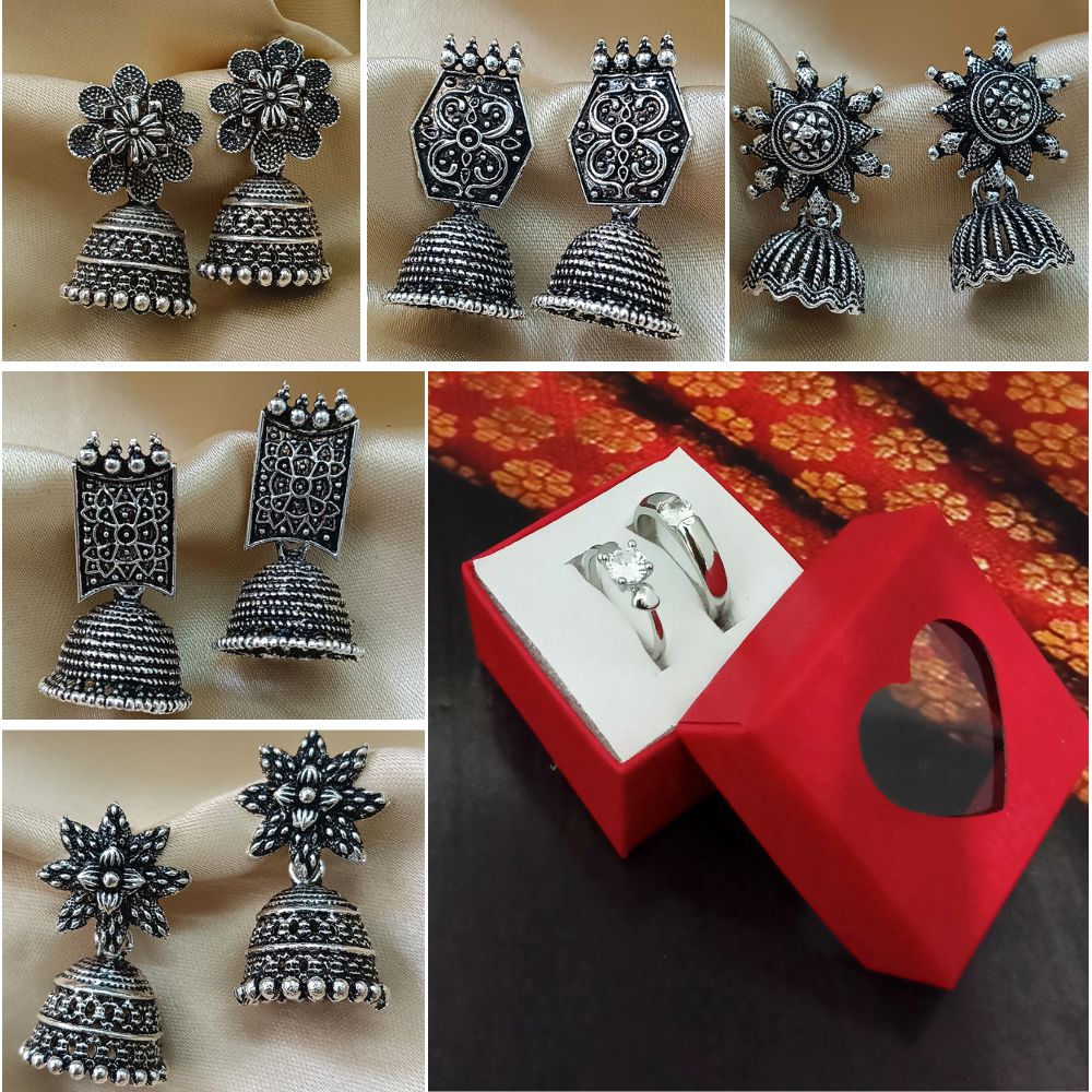 JewelMaze Set of 5 Earrings + 2 Rings Combo - 1005190