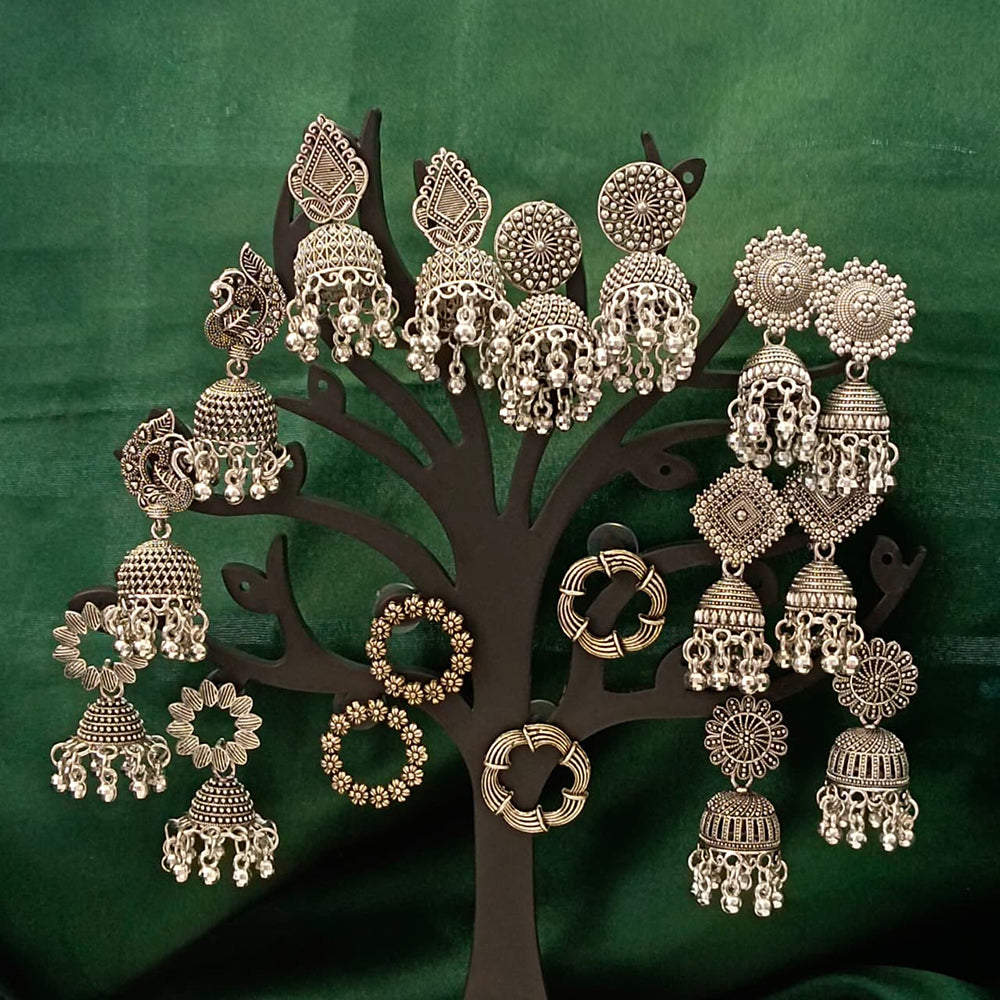 JewelMaze Set of 9 Oxidised Earrings Combo With Tree Stand