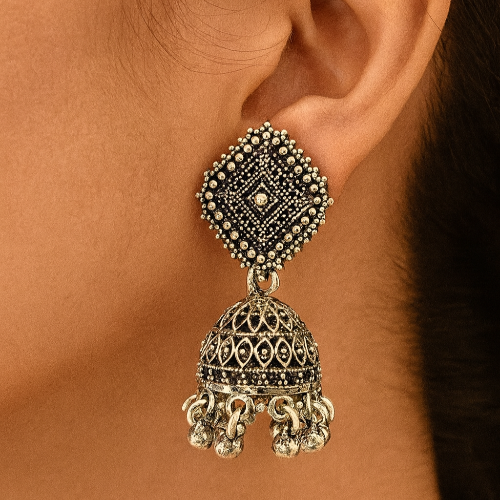 Jewelmaze Oxidised Plated Jhumki Earrings
