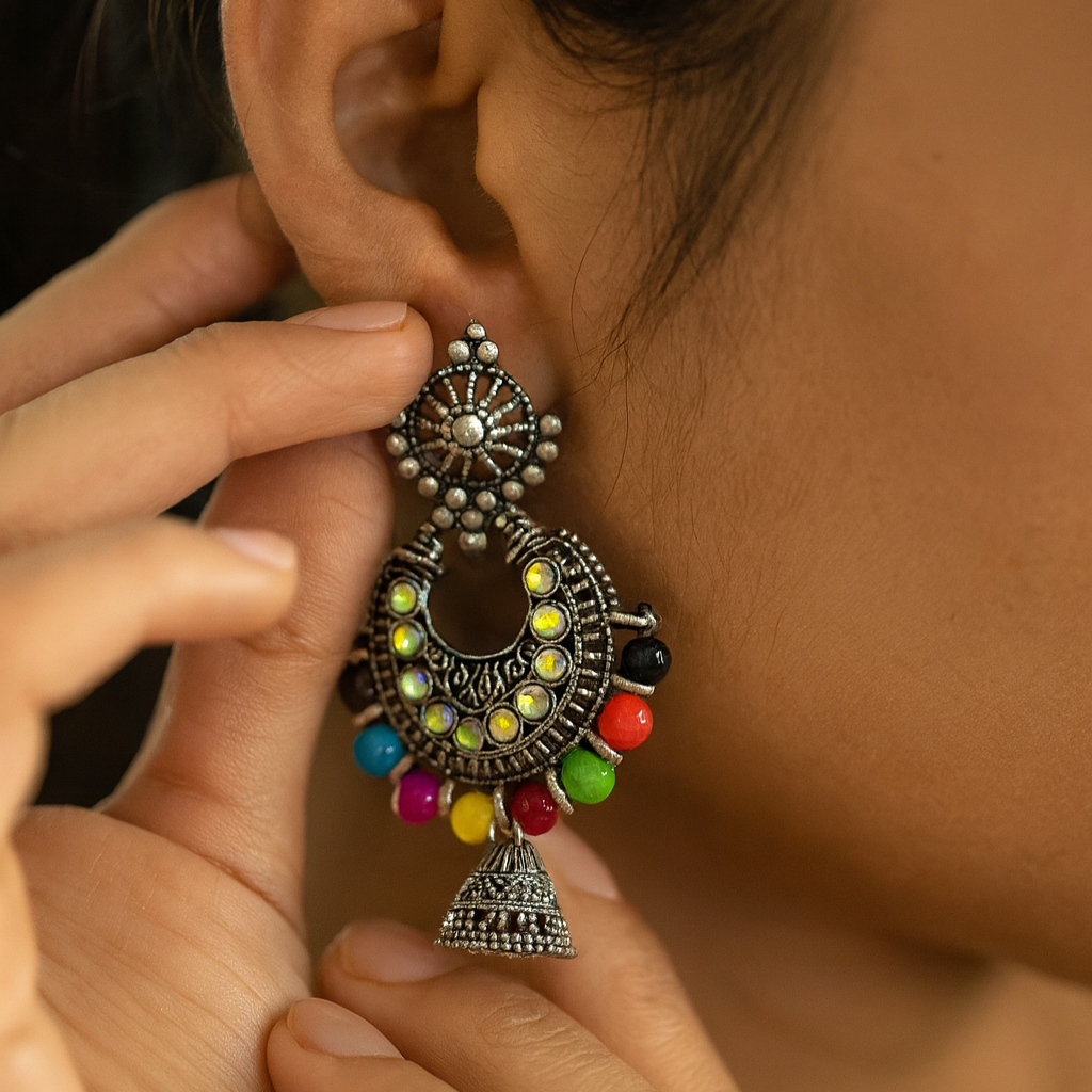 JewelMaze Oxidised Plated Jhumki Earrings - 1320031