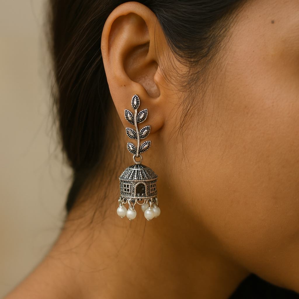 JewelMaze Oxidised Plated Jhumki Earrings - 1320020