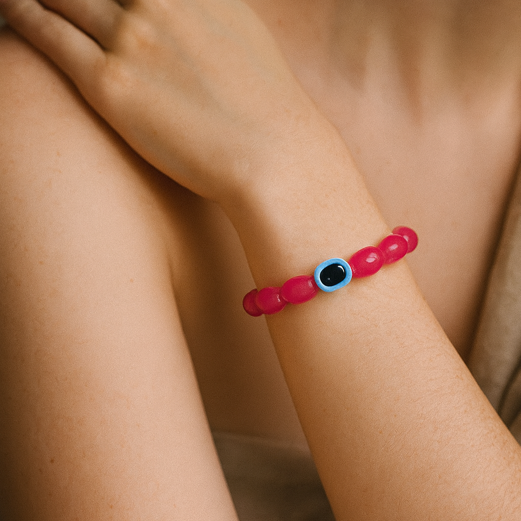 JewelMaze Dark Pink Glass Evil Eye Beads Bracelet