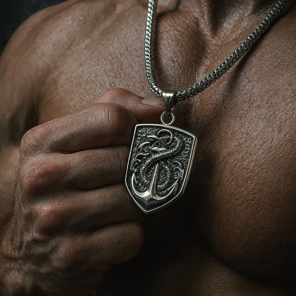 JewelMaze Silver Plated Shield Snake Pendant for Men
