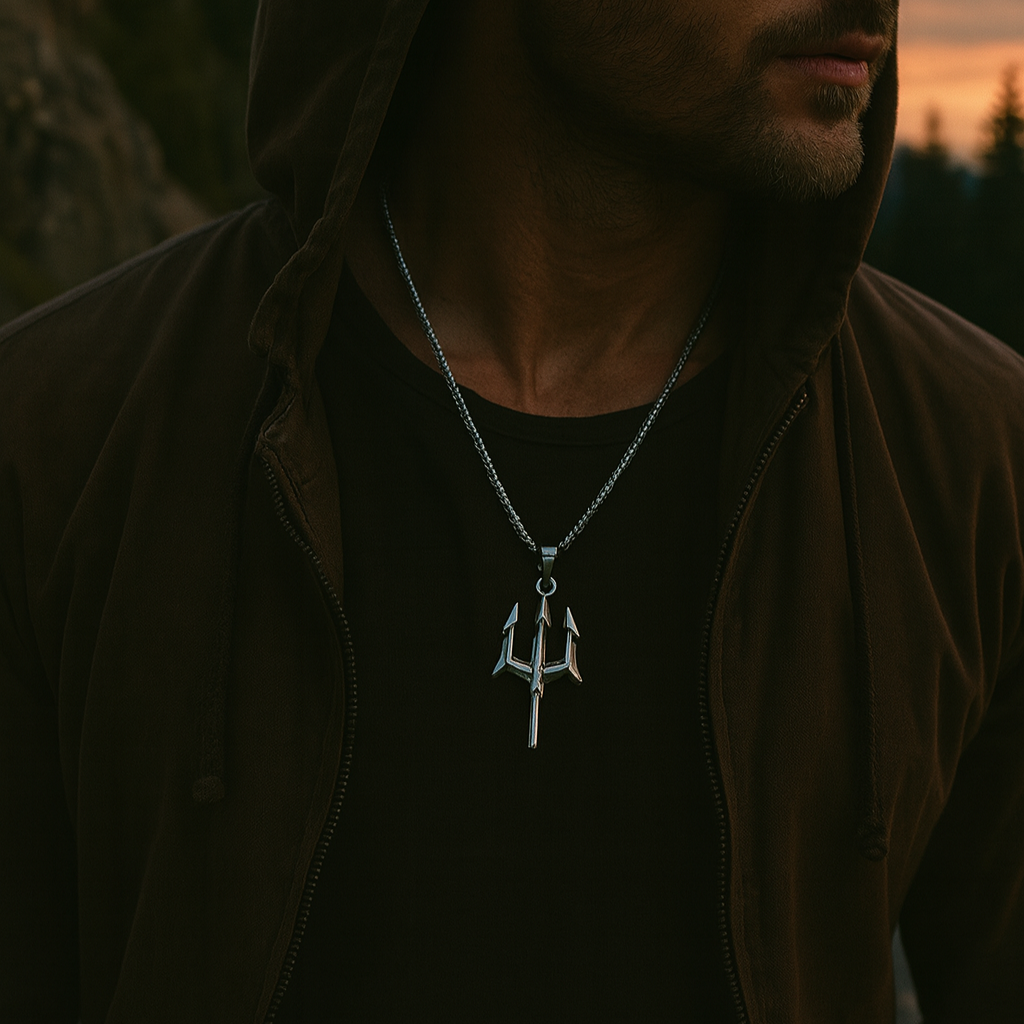 JewelMaze Silver Plated Trishul Chain Pendant for Men
