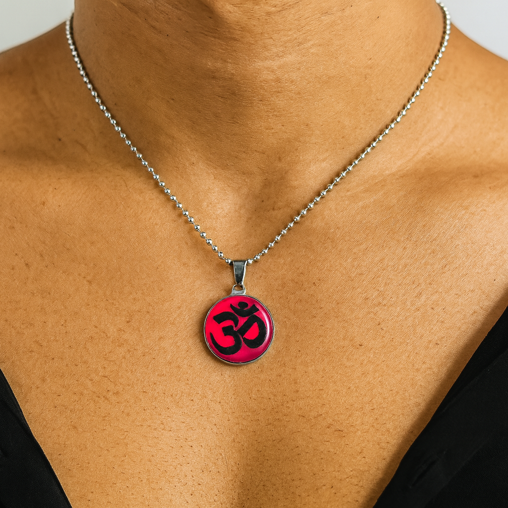 JewelMaze Glass Framed Orange Enamel Om Locket Chain Pendant